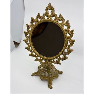 Vintage Ornate Brass Standing Adjustable Swivel Makeup Vanity Mirror Frame Swive
